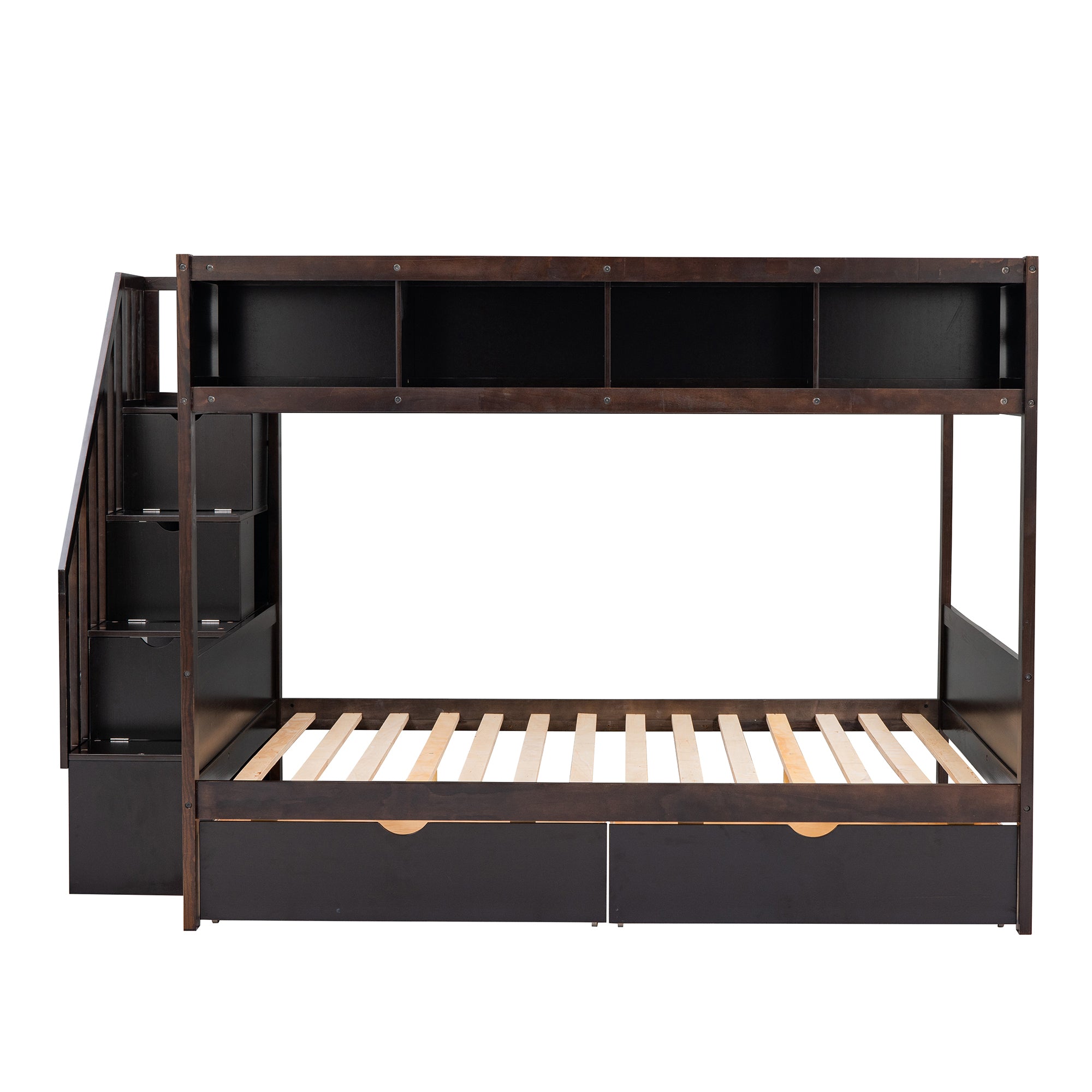 Twin over Full Bunk Bed with Shelfs, Storage Staircase and 2 Drawers, Espresso - Atlantic Fine Furniture Melbourne FL