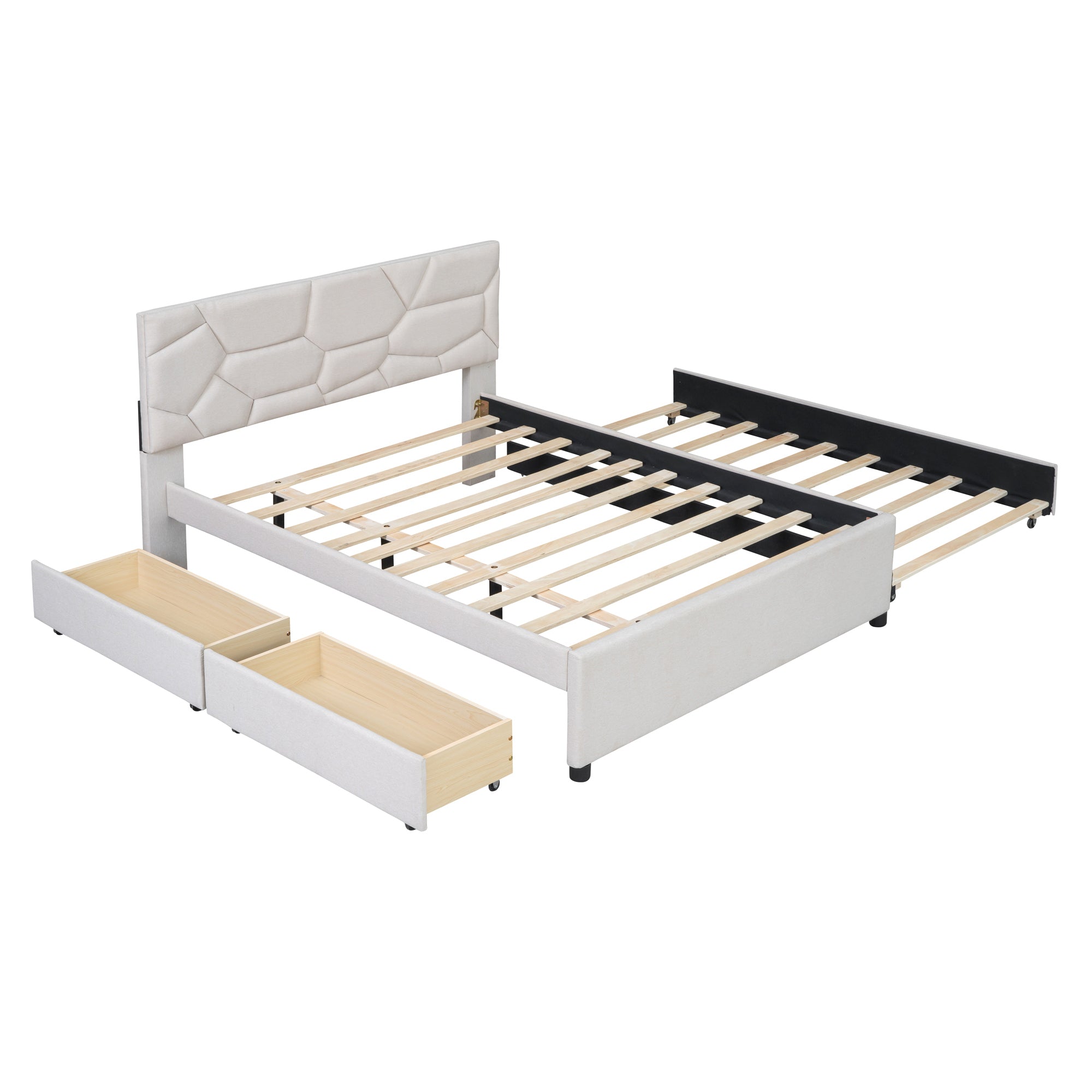 Full Size Upholstered Platform Bed with Brick Pattern Headboard, with Twin Size Trundle and 2 Drawers, Linen Fabric, Beige - Atlantic Fine Furniture Melbourne FL