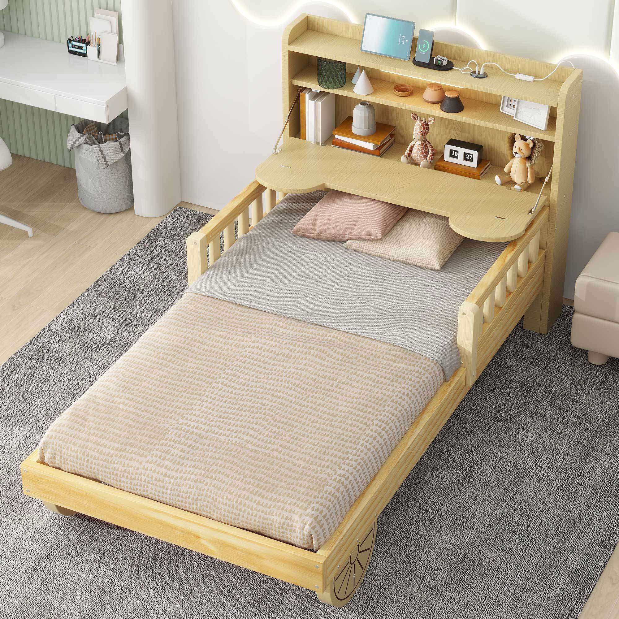 Twin Size Car Bed with Bear-Shaped Headboard, USB and LED, Natural - Atlantic Fine Furniture Melbourne FL