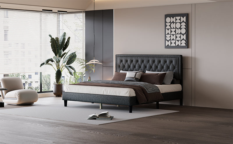 King size Panel Bed Frame with Adjustable Button-Tufted Headboard for Bedroom/Linen Upholstered/Wood Slat Support/Easy Assembly,Dark Grey