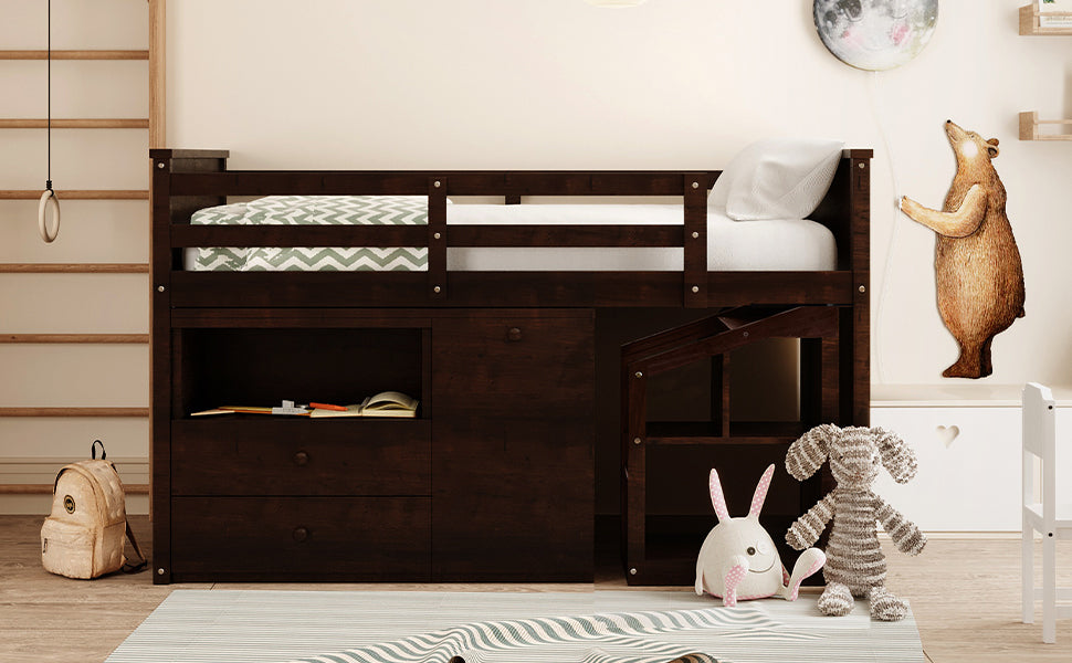 Loft Bed Low Study Twin Size Loft Bed With Storage Steps and Portable,Desk,Espresso(OLD SKU: LT000101AAP) - Atlantic Fine Furniture Melbourne FL