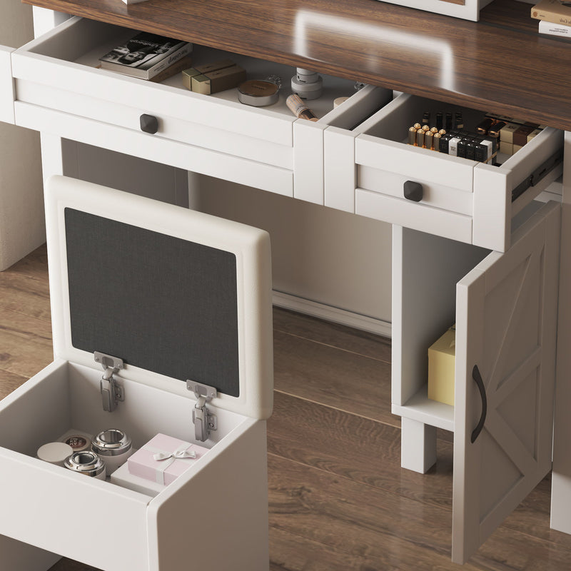 Farmhouse Makeup Vanity Desk With Sliding Mirror, LED Lights, And Storage Glass, Metal, And Wood Construction - White