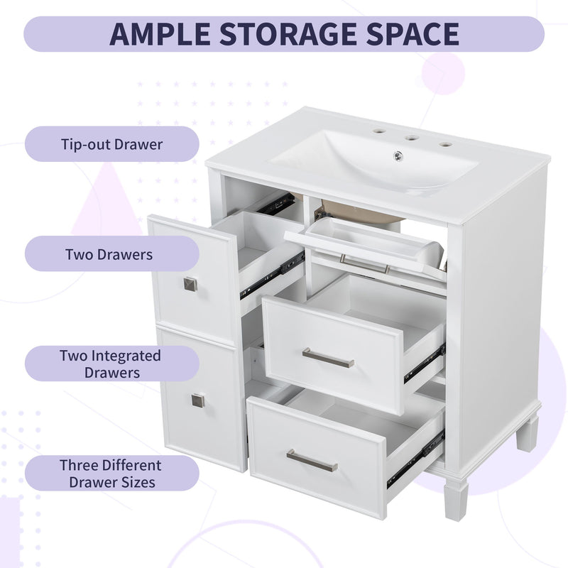 Bathroom Vanity With Ceramic Sink, Flip Out Drawer Design For Plumbing, Soft Close Drawers
