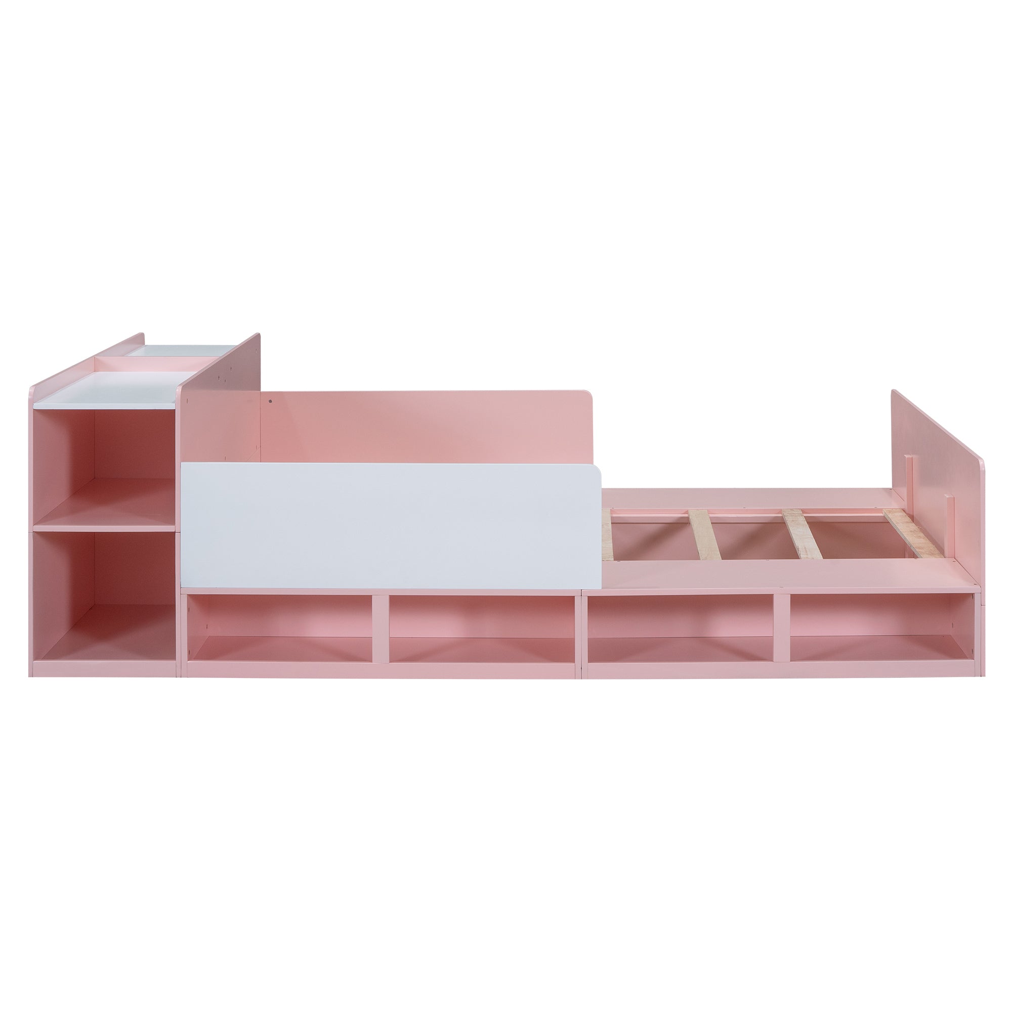 Wood Full Size Platform Bed with Storage Headboard, Guardrails and 4 Underneath Cabinets, Pink - Atlantic Fine Furniture Melbourne FL