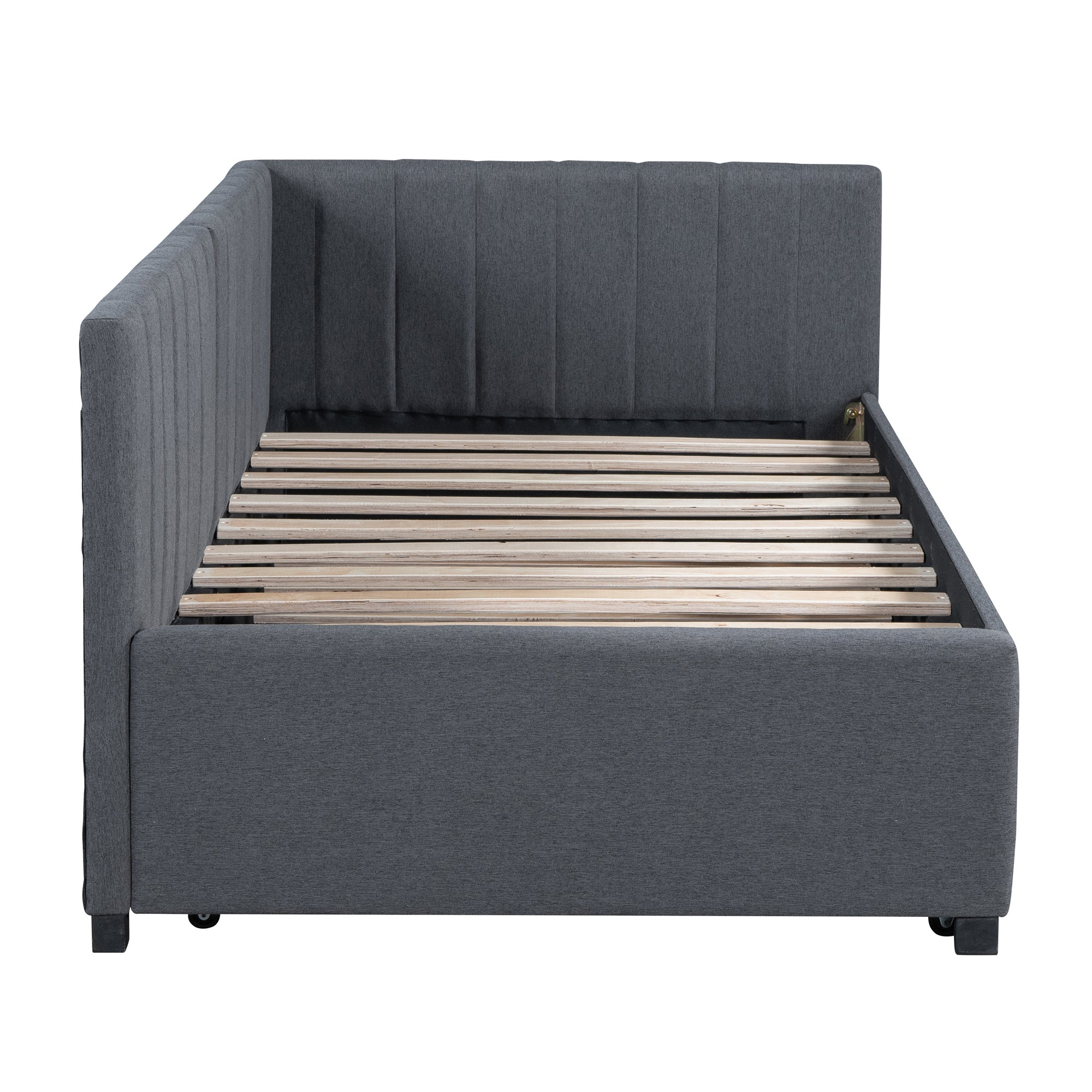 Upholstered Daybed with Trundle Twin Size Sofa Bed Frame No Box Spring Needed, Linen Fabric(Gray) - Atlantic Fine Furniture Melbourne FL