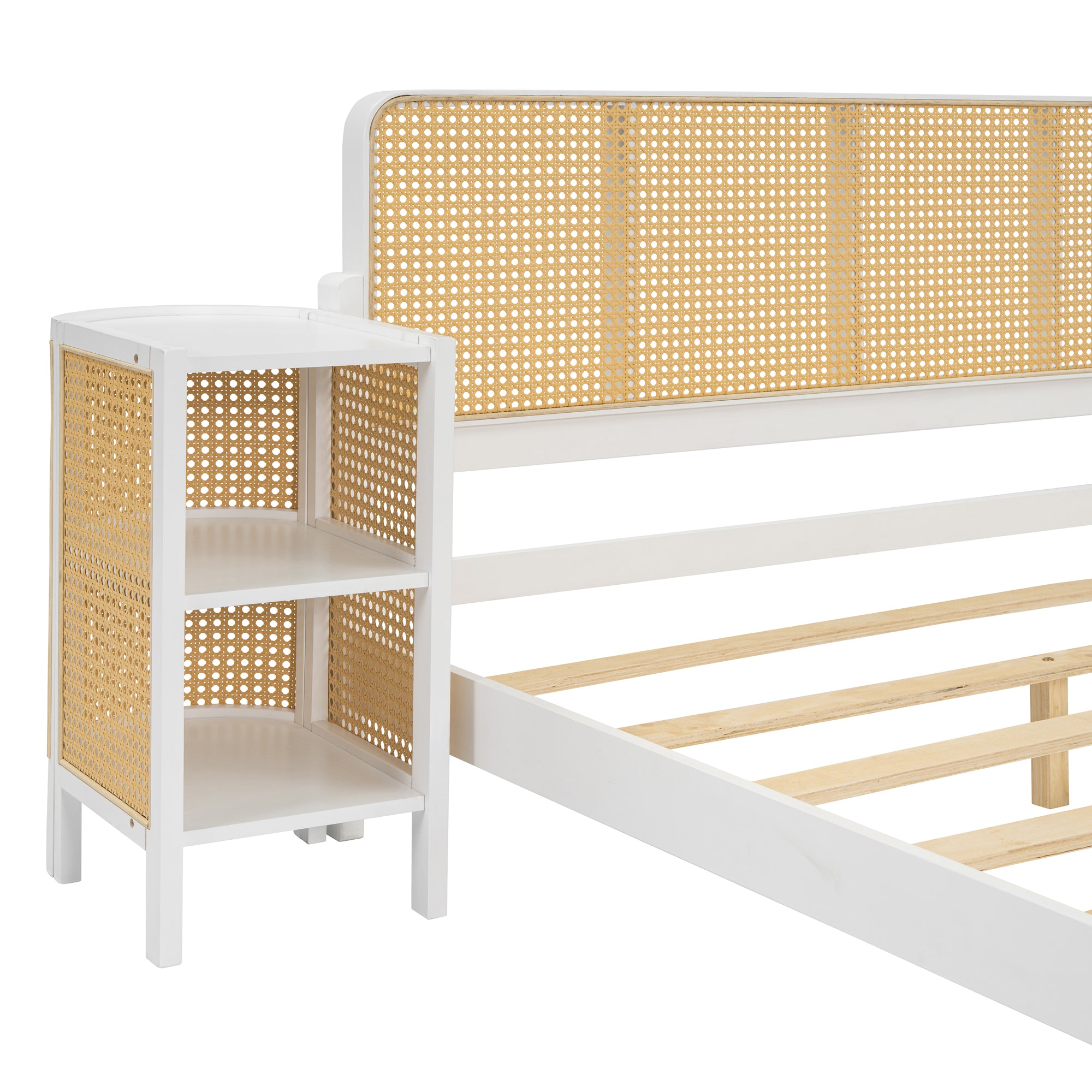 3 Pieces Rattan Platform Full Size Bed With 2 Nightstands,White - Atlantic Fine Furniture Melbourne FL