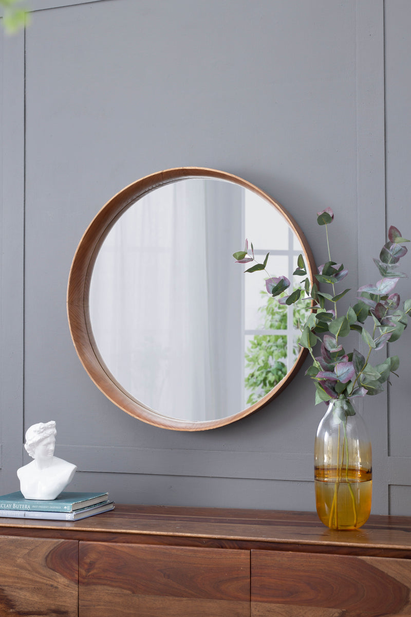 Round Pine Wood Mirror, Wall Mounted Mirror Home Decor For Bathroom Living Room - Brown