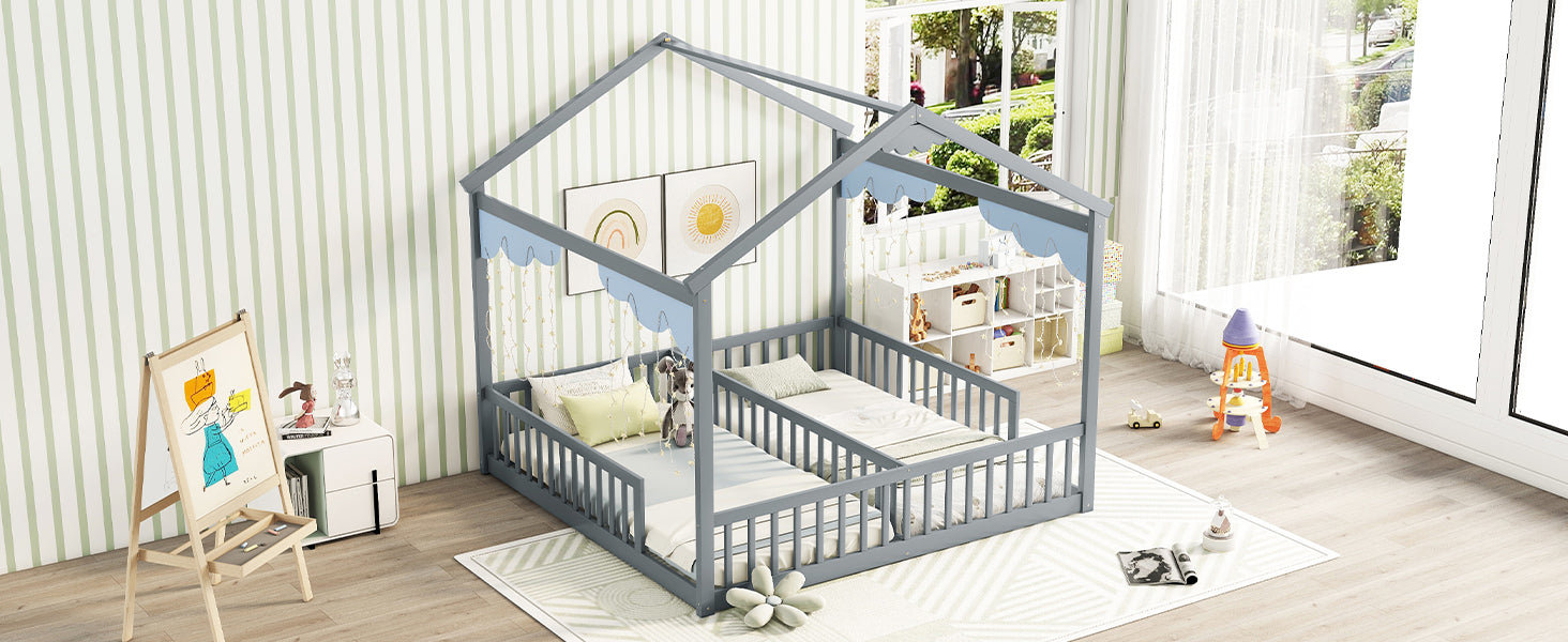Double Twin House-Style Floor Bed with Fence, Guardrails, without door, Grey