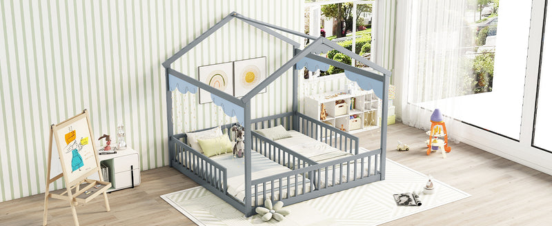 Double Twin House-Style Floor Bed with Fence, Guardrails, without door, Grey