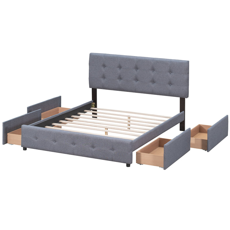 Upholstered Platform Bed With Classic Headboard And 4 Drawers, No Box Spring Needed