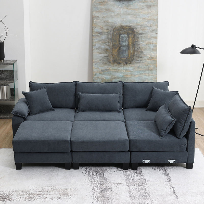 Corduroy Modular Sectional Sofa, U Shaped Couch With Armrest Bags, 6 Seat Freely Combinable Sofa Bed, Comfortable And Spacious Indoor Furniture For Living Room