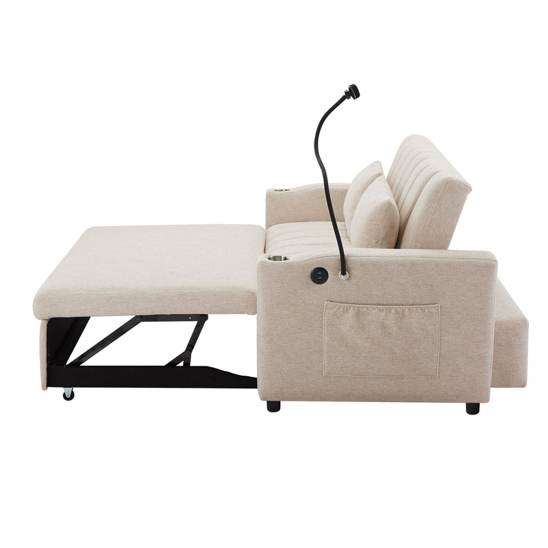 Convertible Sofa Bed Loveseat Sofa With Three USB Ports, Two Side Pockets, Two Cup Holders And 360° swivel Phone Holder For Living Room