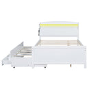 Full Size Platform Bed With Storage LED Headboard, Twin Trundle And 3 Drawers - White