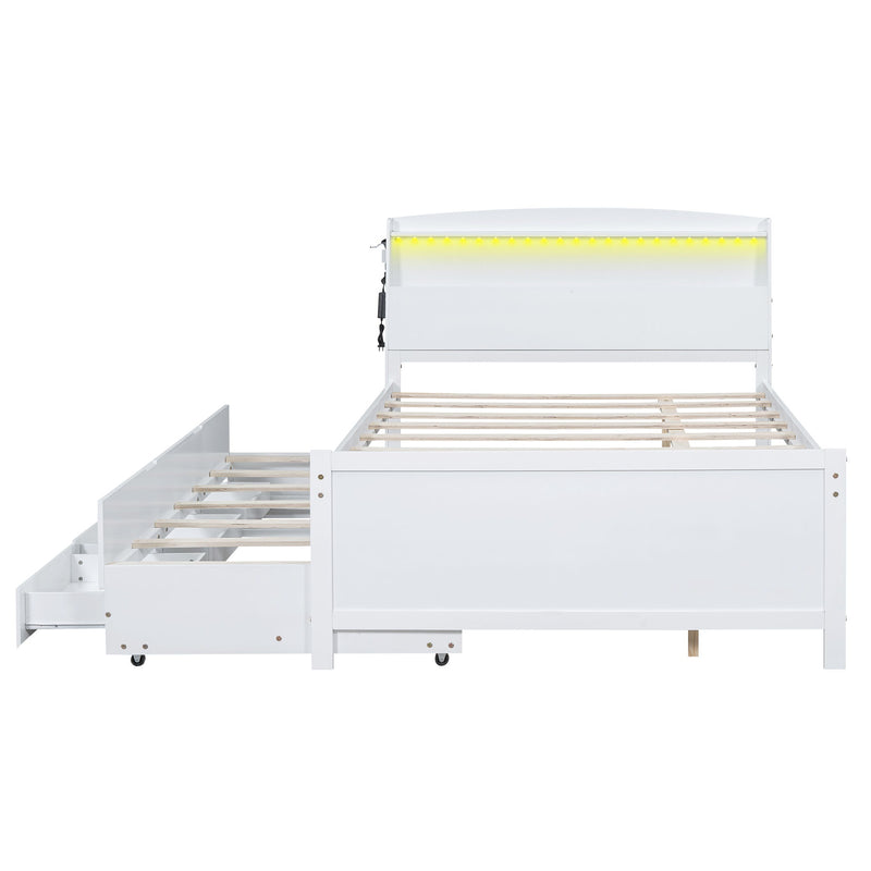 Full Size Platform Bed With Storage LED Headboard, Twin Trundle And 3 Drawers - White
