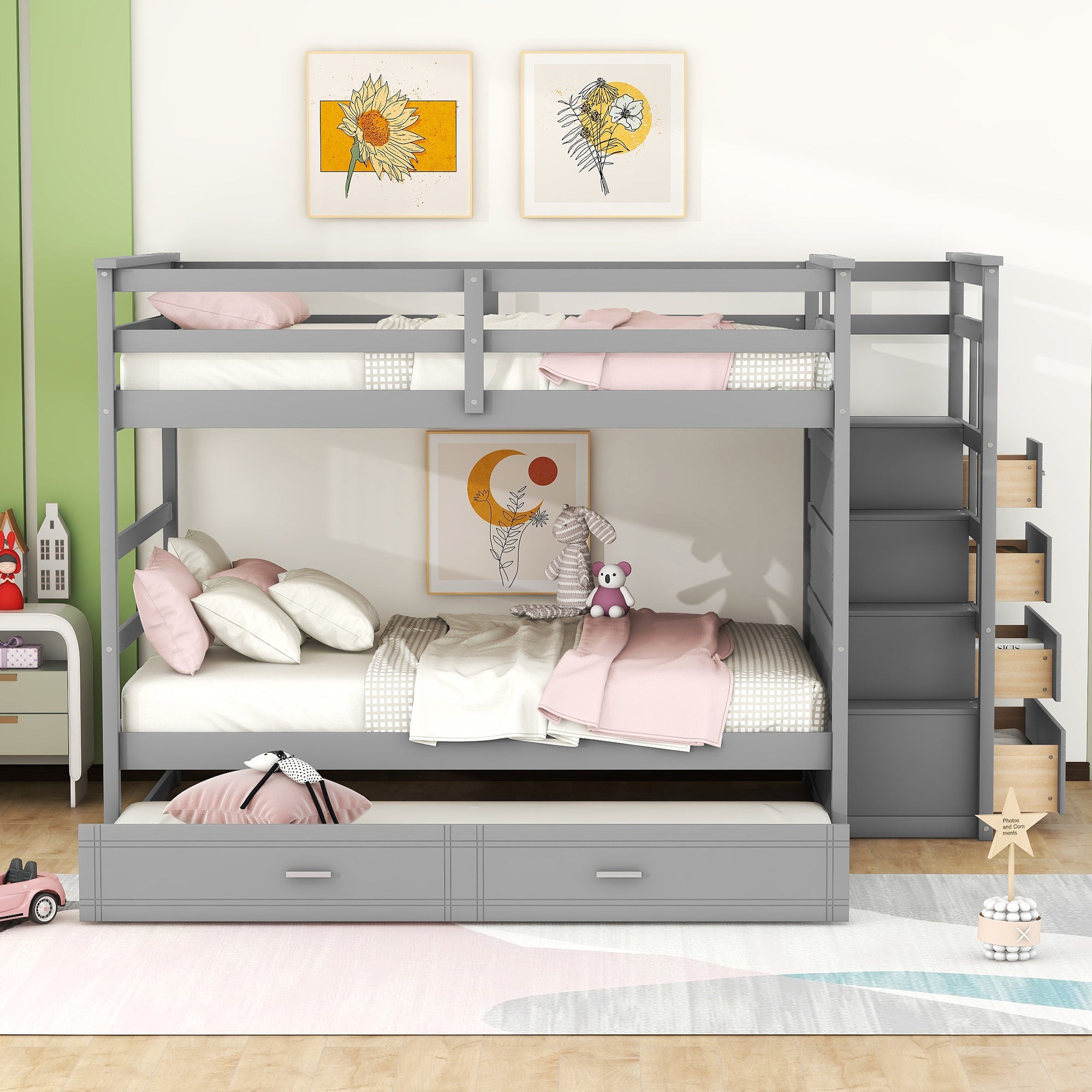 Full Over Full Bunk Bed with Twin Size Trundle and Staircase, Gray - Atlantic Fine Furniture Melbourne FL