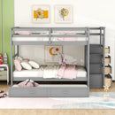 Full Over Full Bunk Bed with Twin Size Trundle and Staircase, Gray