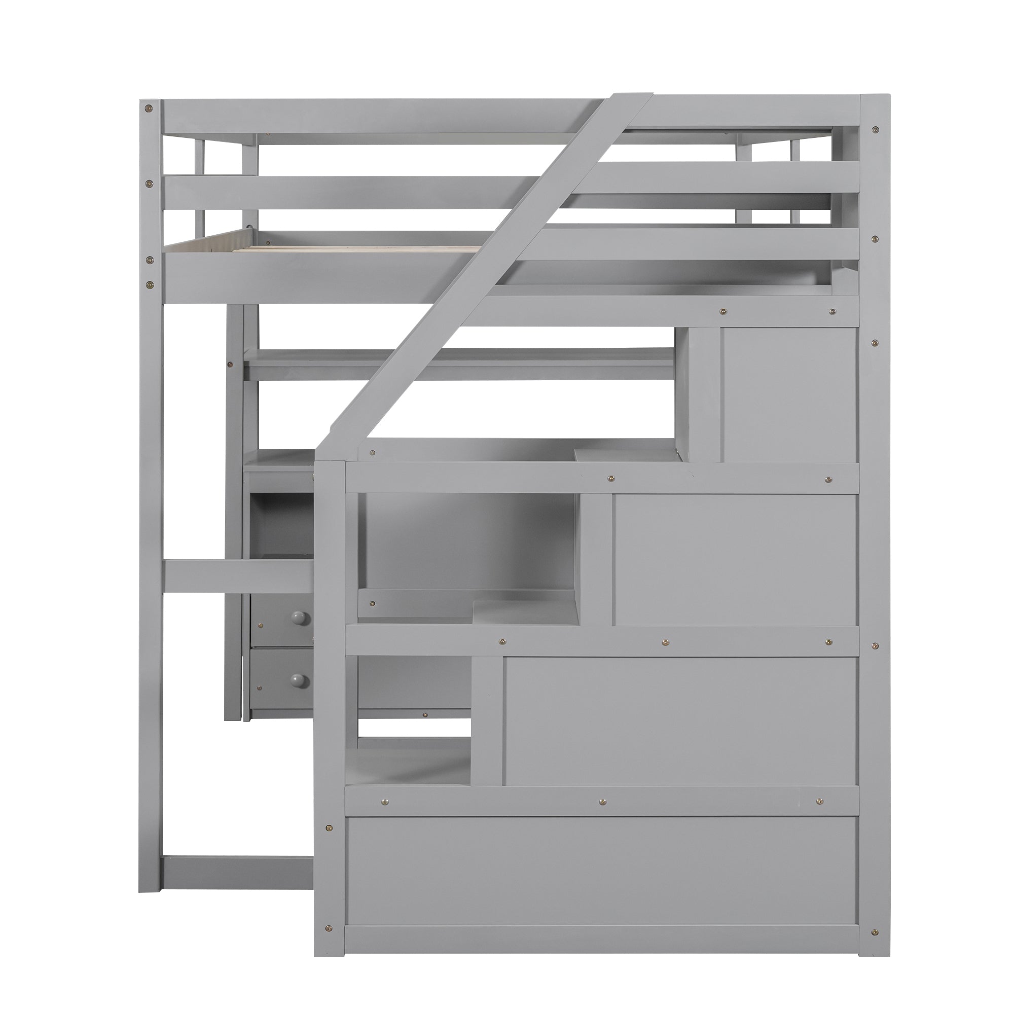 Full Size Loft Bed with Desk and Shelves, Two Built-in Drawers, Storage Staircase, Gray - Atlantic Fine Furniture Melbourne FL