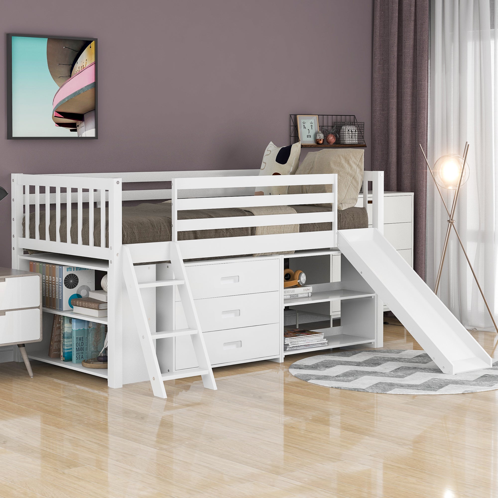 Low Loft Bed with Attached Bookcases and Separate 3-tier Drawers,Convertible Ladder and Slide,Twin,White - Atlantic Fine Furniture Melbourne FL