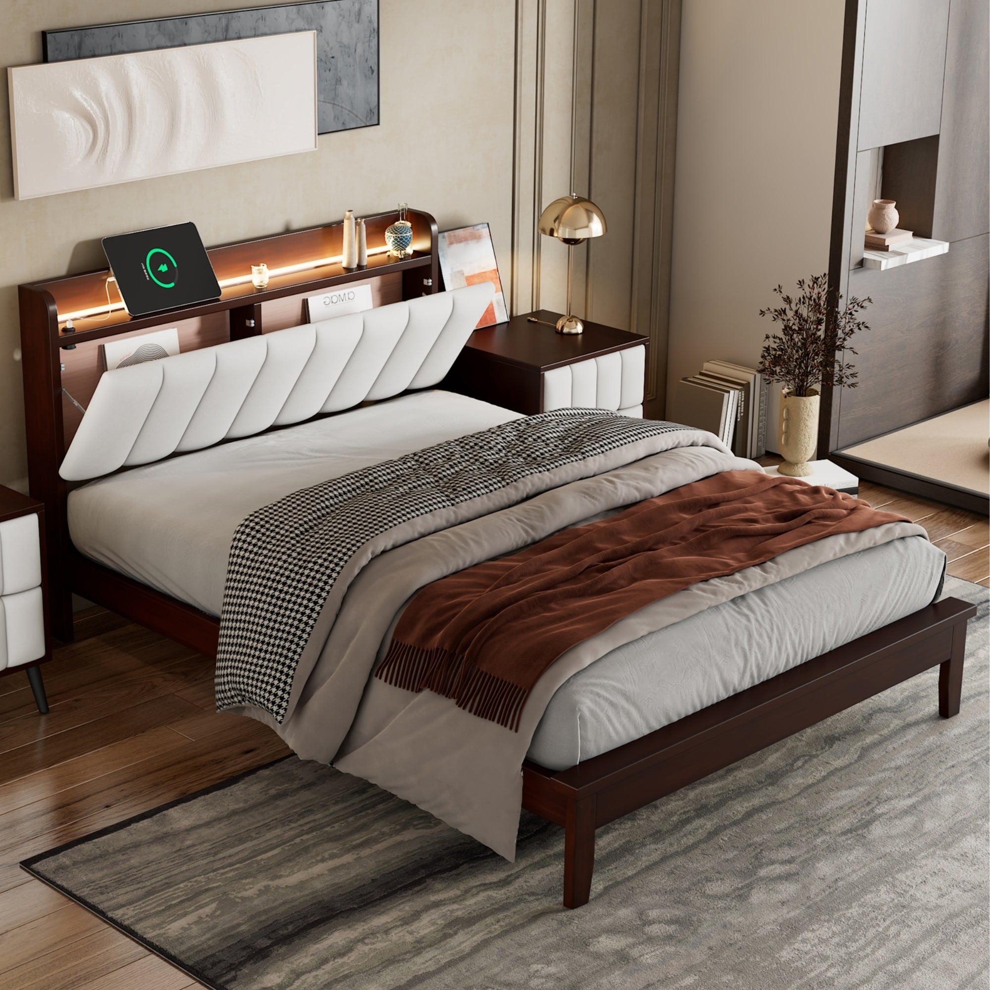 Full size Platform Bed with USB Charging Station and Storage Upholstered Headboard,LED Bed Frame,No Box Spring Needed,Walnut+Beige - Atlantic Fine Furniture Melbourne FL