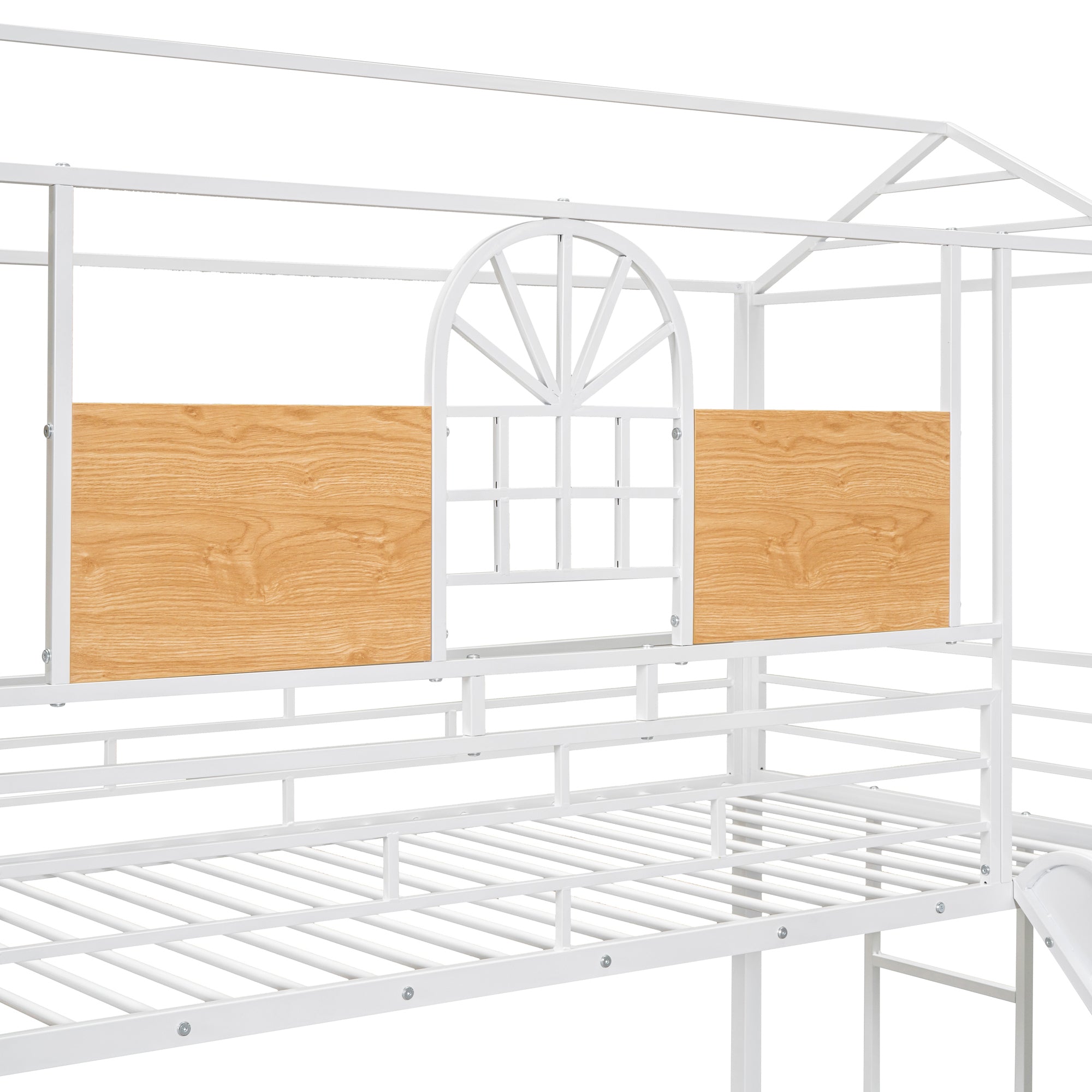 Twin Over Twin Metal Bunk Bed, Metal Housebed with Slide and Storage Stair, White with White Slide - Atlantic Fine Furniture Melbourne FL