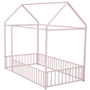 Twin Size Metal Bed House Bed Frame with Fence, for Kids, Teens, Girls, Boys, Pink