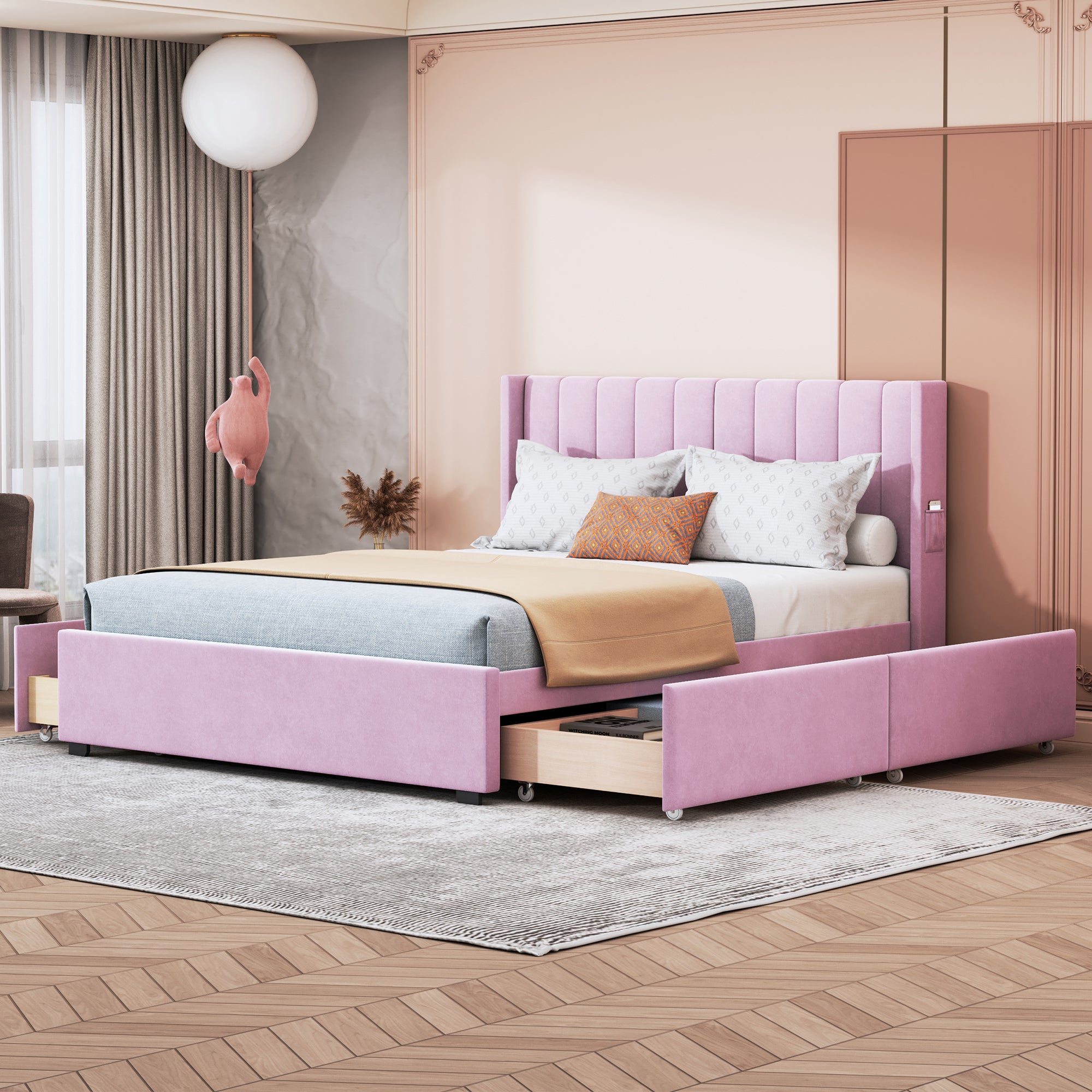 Queen Size Upholstered Bed with 4 Drawers, Pink - Atlantic Fine Furniture Melbourne FL