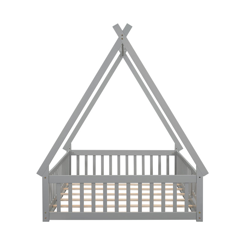 Full Tent-shaped Floor Bed, with Guardrails, Slats, Door ,Grey