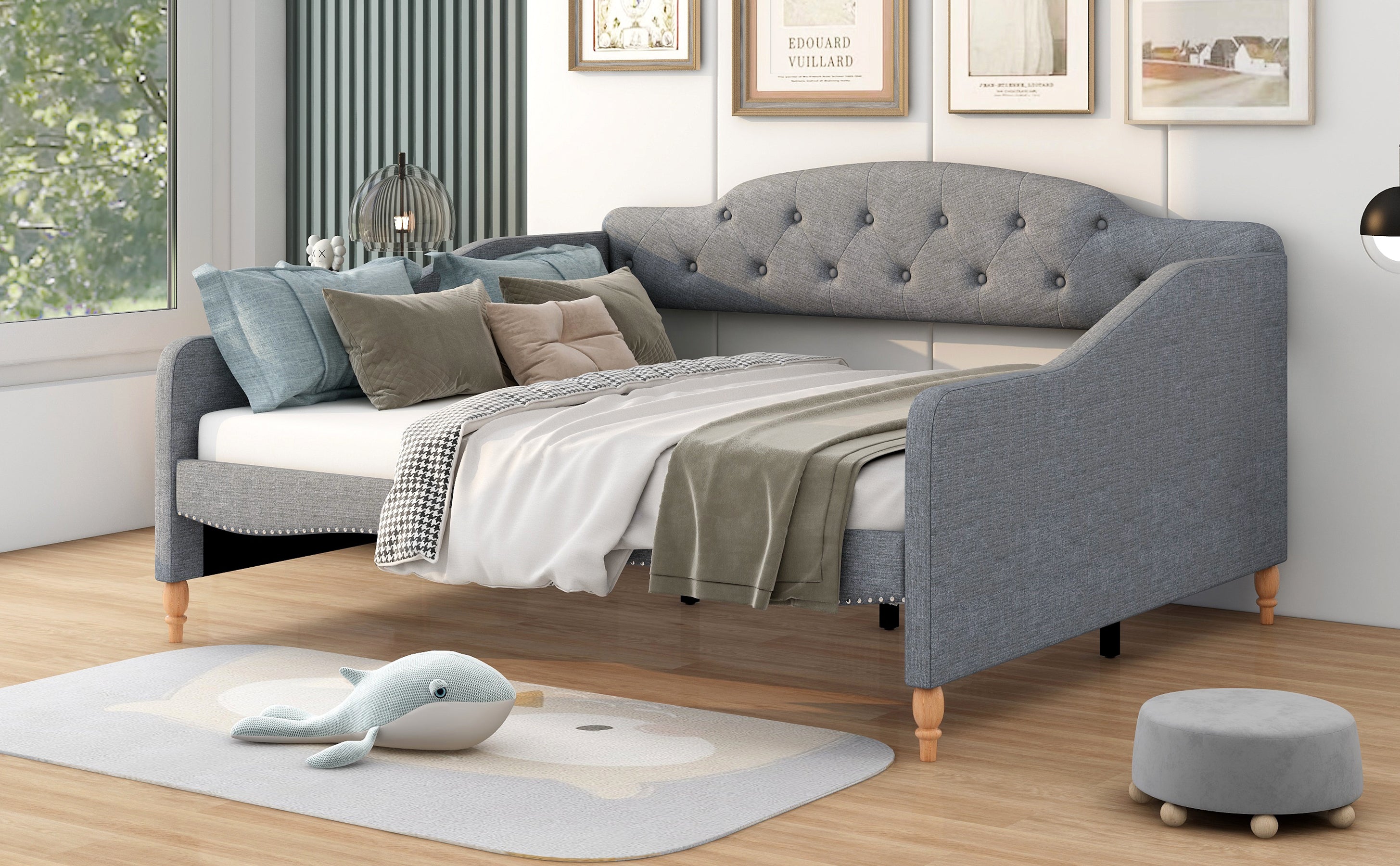 Full Size Vintage Upholstery Daybed with Button Tufted Backrest, Gray - Atlantic Fine Furniture Melbourne FL