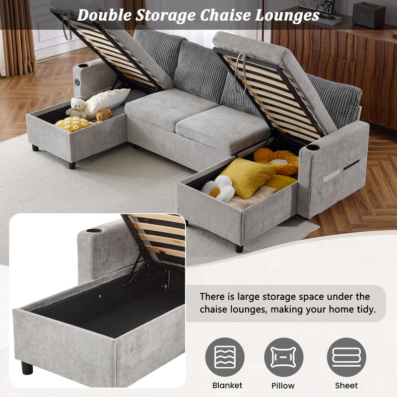 Sectional Sofa Bed With Pull Out Sleeper, USB Ports, Cup Holders