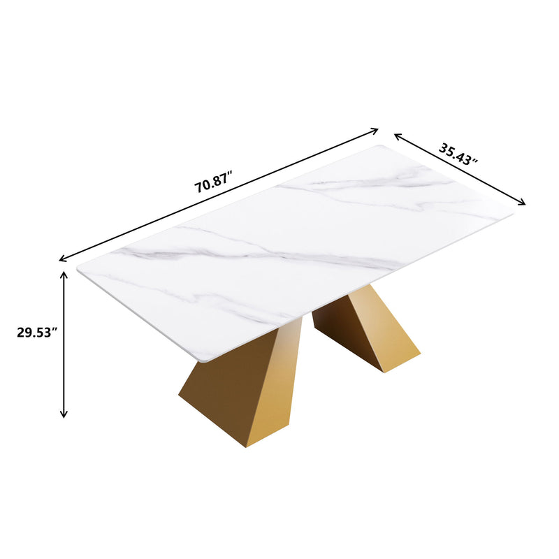 70.87" Modern Artificial Stone White Straight Edge Metal Leg Dining Table - White / Gold