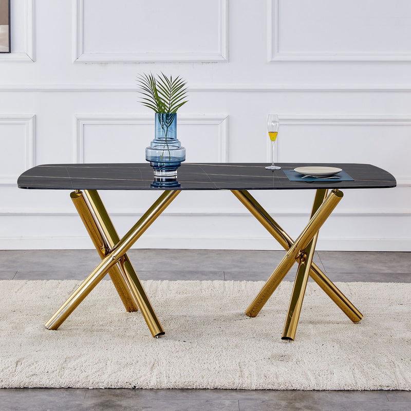 Modern Minimalist Rectangular Dining Table With Imitation Marble Glass & Metal Legs - Black / Gold