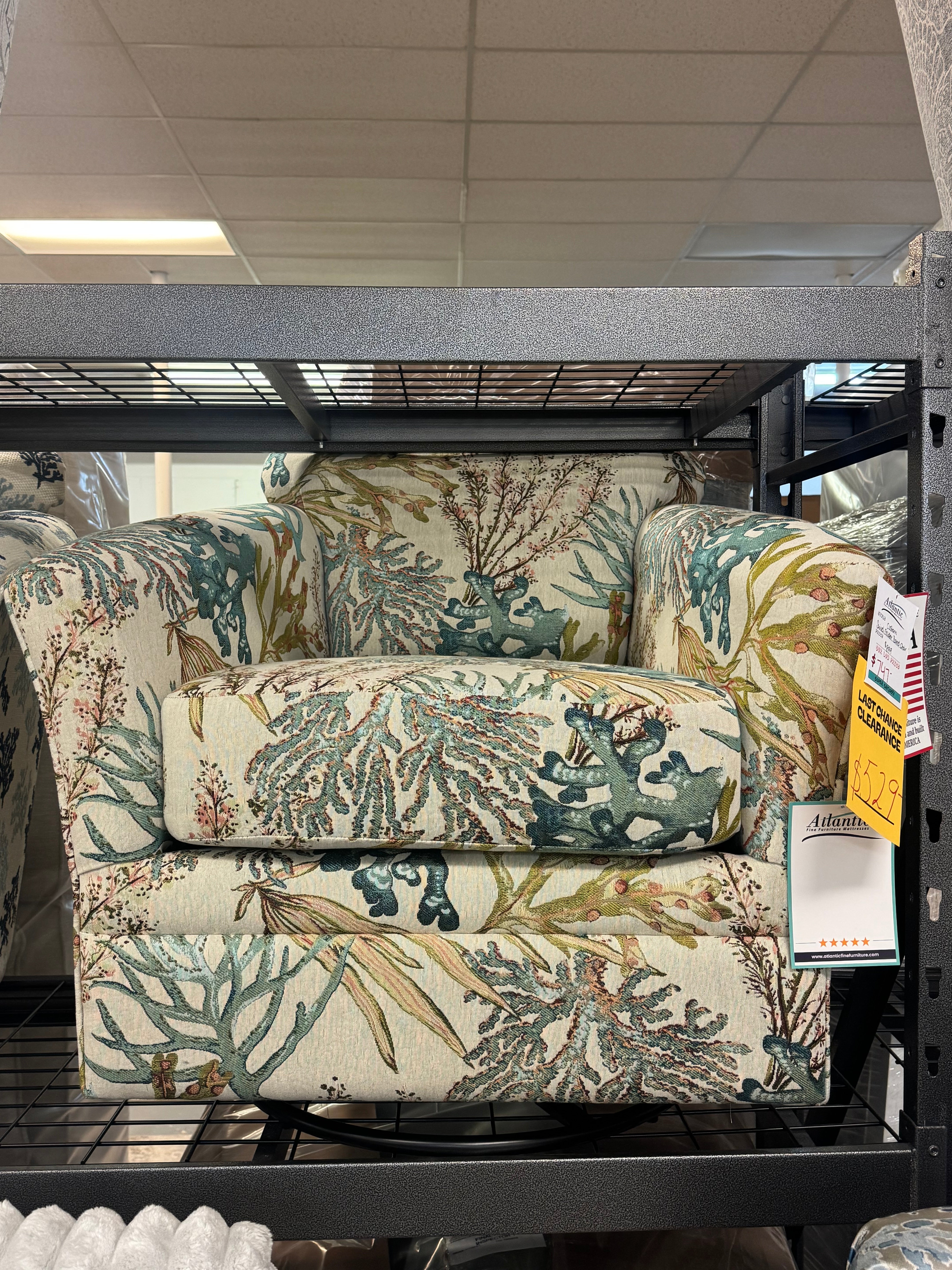 Custom Swivel Barrel Glider Chair *REEF TEAL FABRIC* SHOWROOM MODEL ONLY