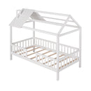 Twin Size Wood House Bed with Fence, White