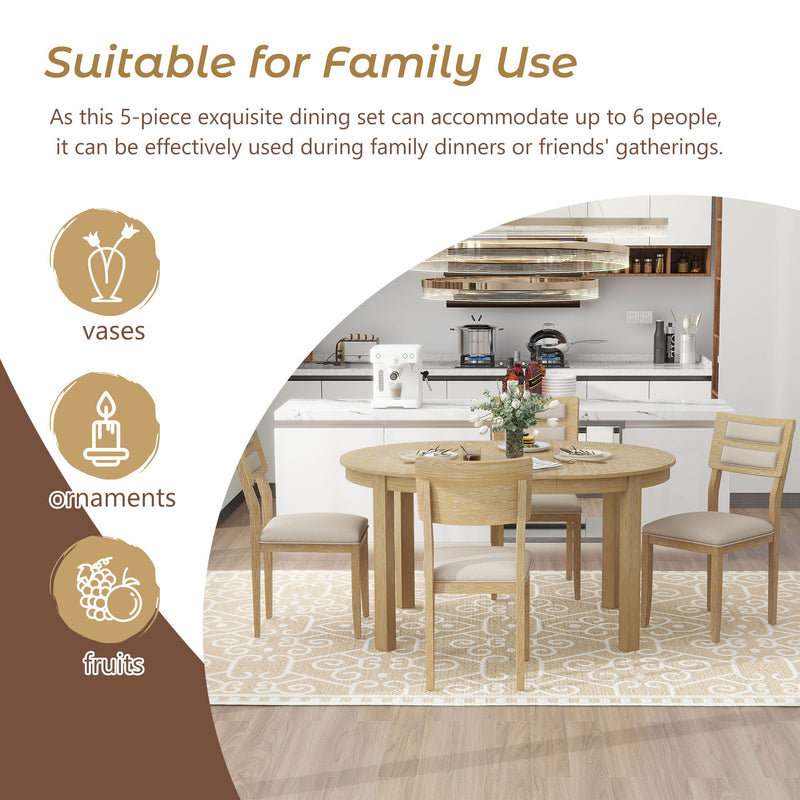 Multifunctional Dining Table Set, Farmhouse Dining Set With Extendable Round Table, Two Small Drawers And 4 Upholstered Dining Chairs For Kitchen And Dining Room