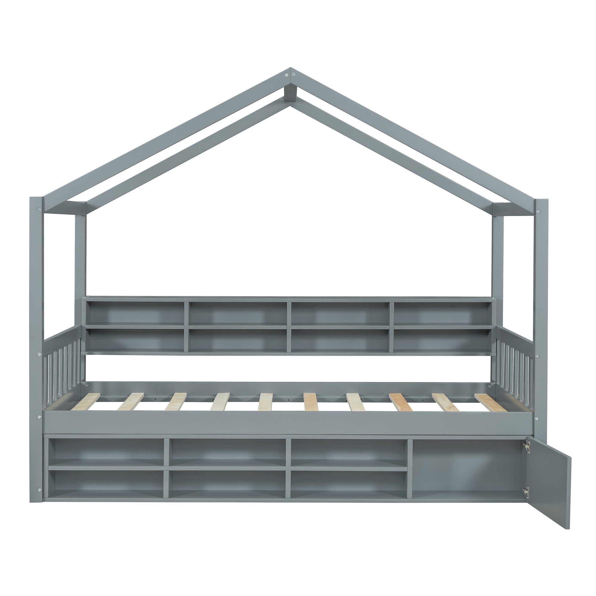 Twin Size Wooden House Bed with Shelves and a Mini-cabinet, Gray - Atlantic Fine Furniture Melbourne FL