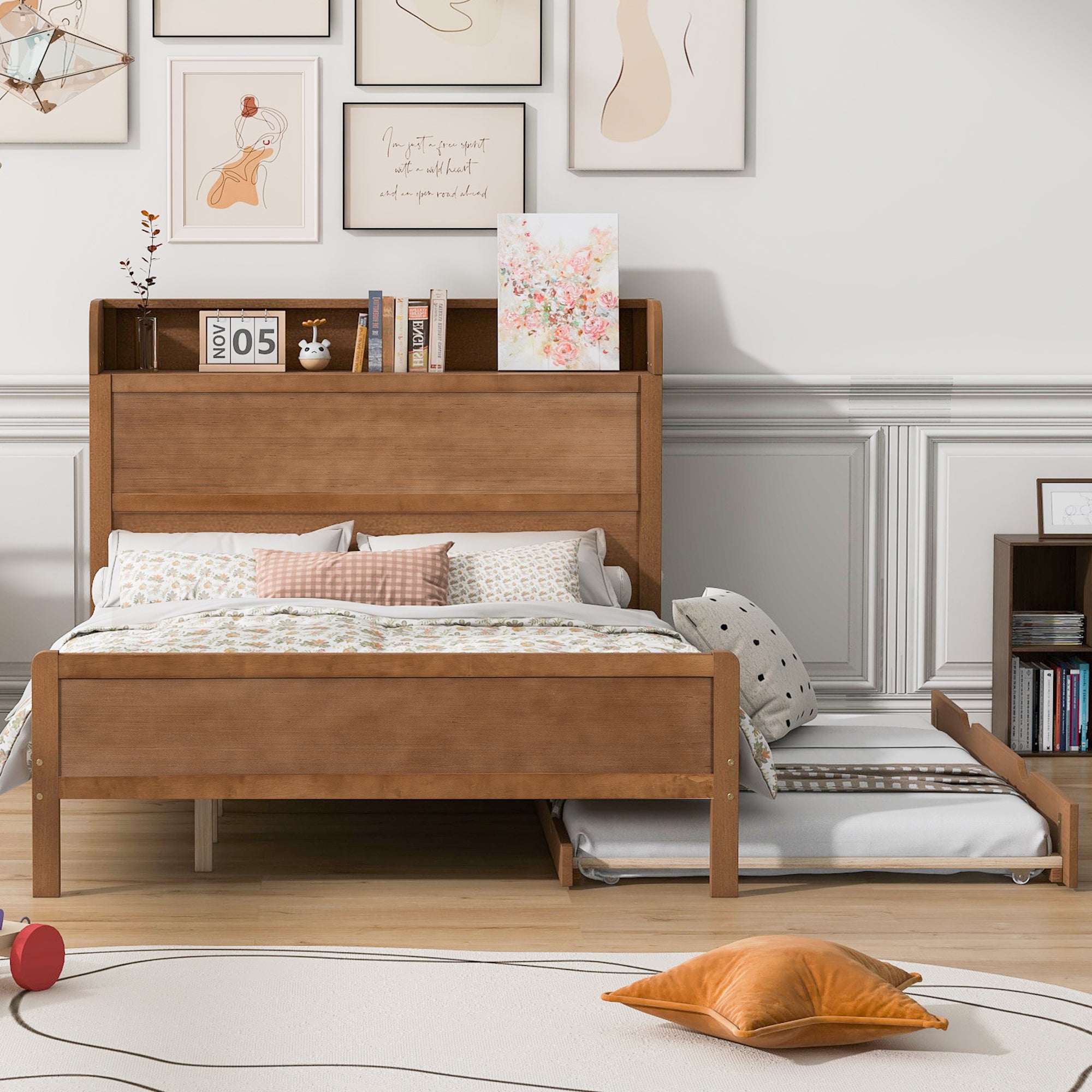 Full Size Platform Bed with Storage Headboard and Twin Size Trundle, Walnut - Atlantic Fine Furniture Melbourne FL