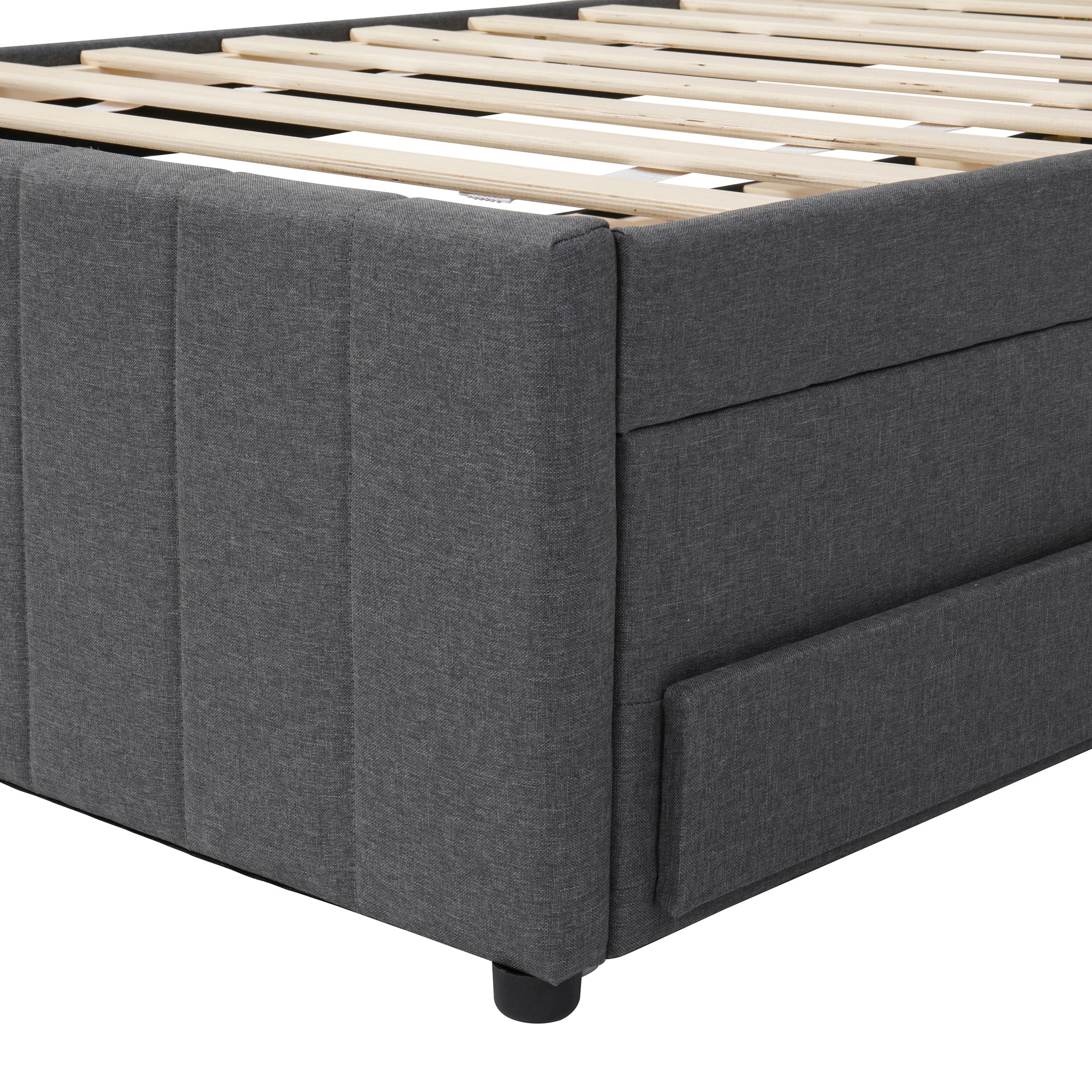 Twin Size Upholstered Platform Bed with Trundle and 3 Drawers, Linen Fabric, Gray - Atlantic Fine Furniture Melbourne FL