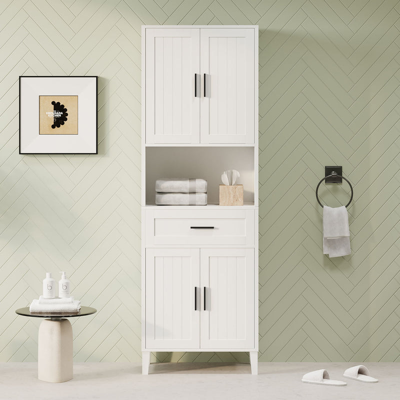 Tall Bathroom Cabinet With Drawer And Adjustable Shelves - White