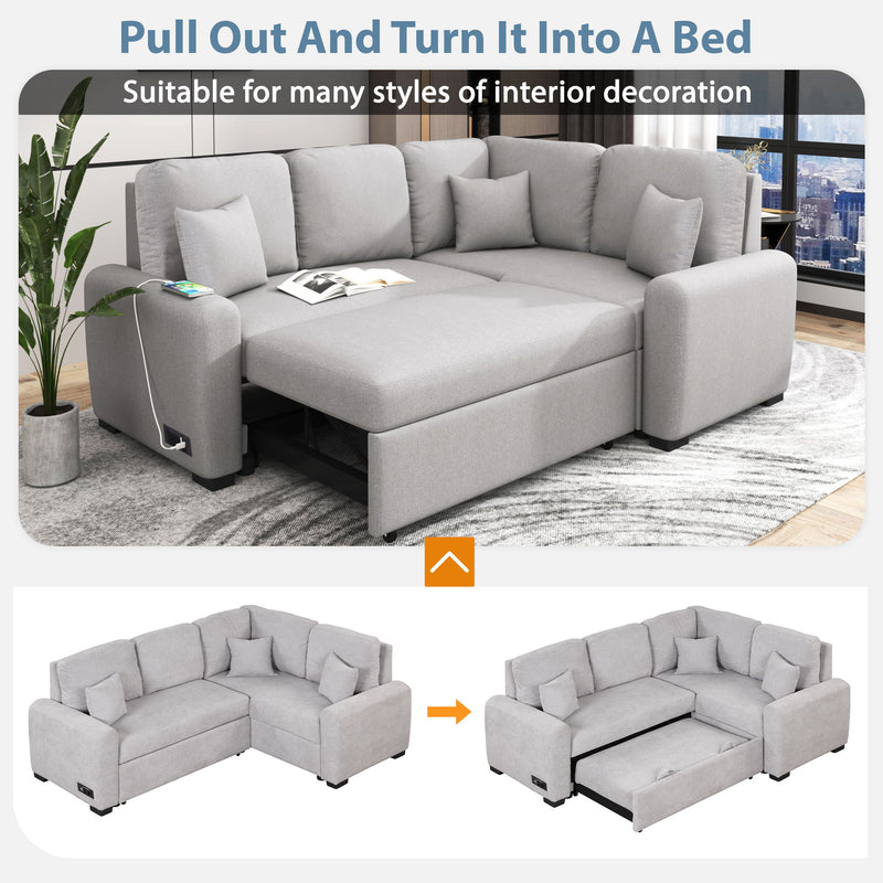 Sectional Sleeper Sofa With USB Charging Port And Plug Outlet, Pull-Out Sofa Bed With 3 Pillows, L-Shape Chaise For Living Room, Small Apartment - Gray