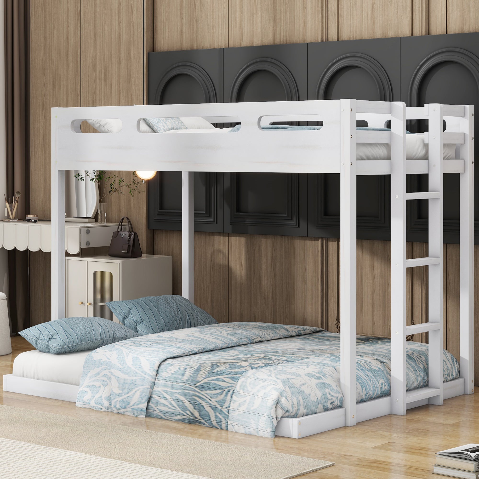 Twin over Full Bunk Bed with Built-in Ladder,White - Atlantic Fine Furniture Melbourne FL