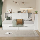 L-Shaped Daybed Corner Bed Under Bed Drawers With Storage Bookcase And Upholstered Headboard And USB Charging Ports