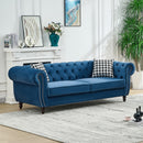 Mid Century Chesterfield Velvet Fabric Sofa With Roll Armrest & Nailhead, Blue, 87 Inches