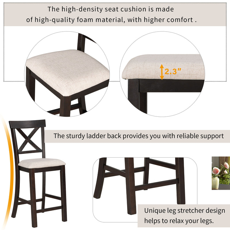 6 Piece Counter Height Dining Table Set With Shelf, 4 Chairs And Bench