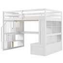Full Size Loft Bed With Desk And Shelves, 2 Built In Drawers, Storage Staircase - White
