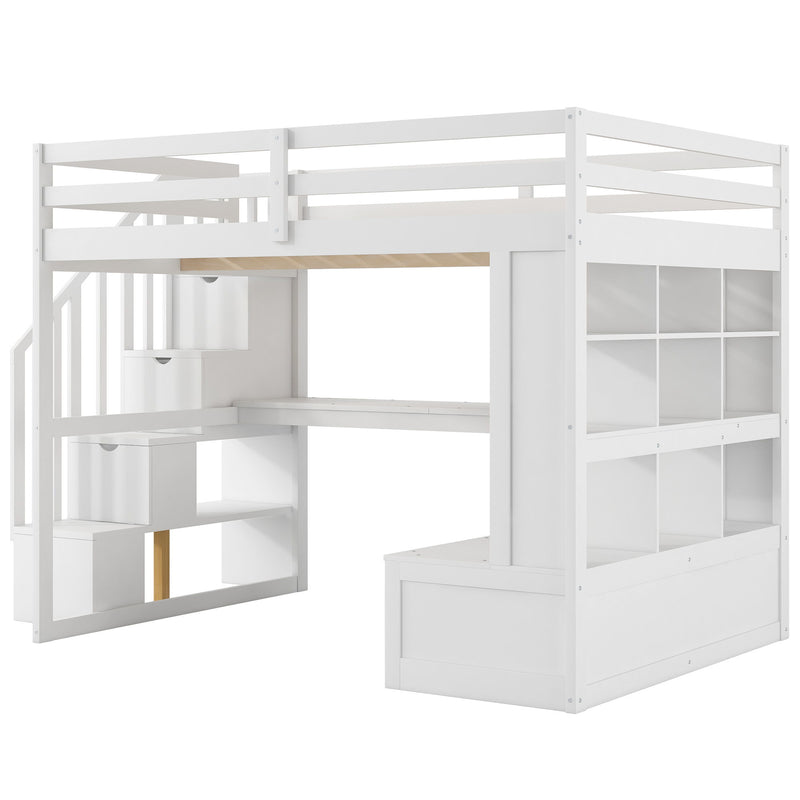 Full Size Loft Bed With Desk And Shelves, 2 Built In Drawers, Storage Staircase - White