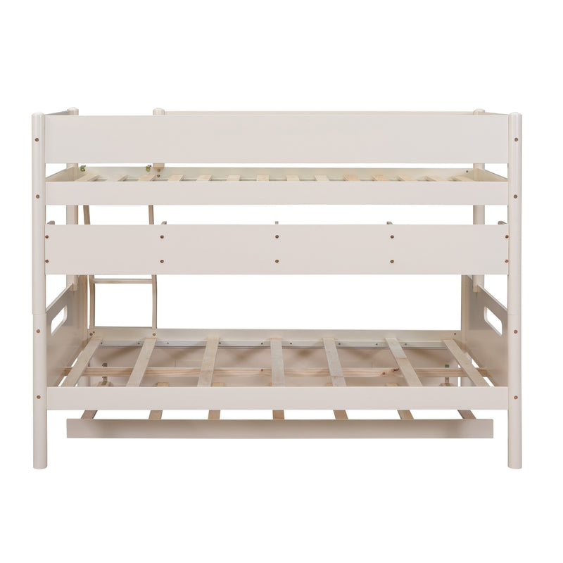 Wood Twin over Full Bunk Bed with Storage Shelves and Twin Size Trundle, Cream