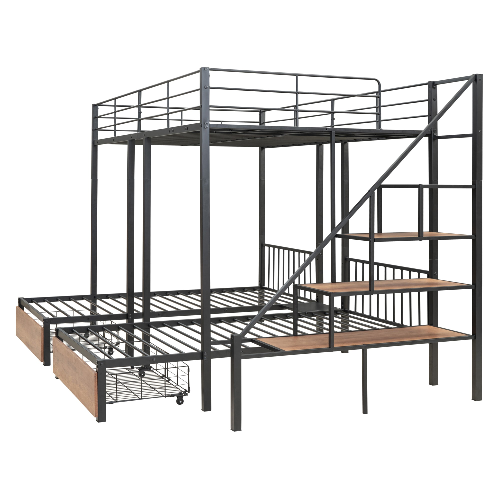 Full over Twin-Twin Triple bunk bed with drawers and staircase, Black - Atlantic Fine Furniture Melbourne FL