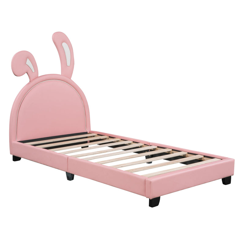 Upholstered Leather Platform Bed With Rabbit Ornament