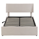 Full Size Sleigh Bed with Side-Tilt Hydraulic Storage System, Linen Upholstery, Beige