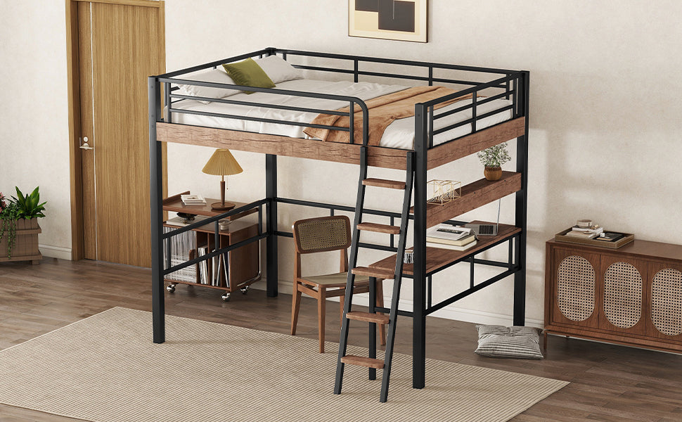Metal Full Size Loft Bed with Built-in Desk, Storage Shelf and Ladder, Black